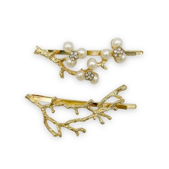 2 Gold Branch Hair Pins with pearl and rhinestone embellishment - Picture 1 of 2